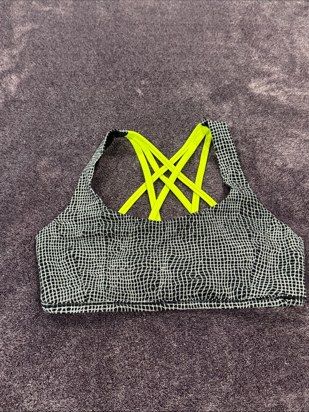 lululemon athletica Black & White Grid Sports Bra with Neon Yellow Straps